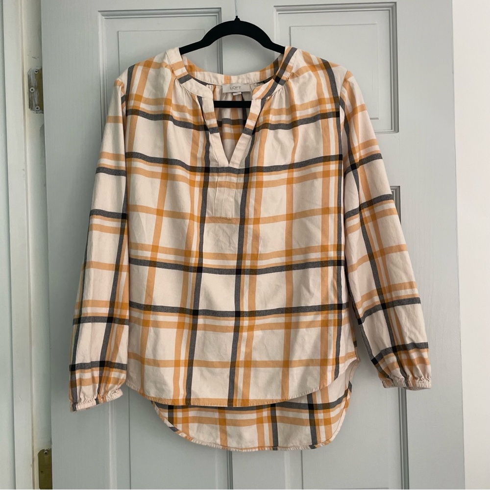 Euc mustard and cream plaid Ann Taylor Loft long sleeve blouse